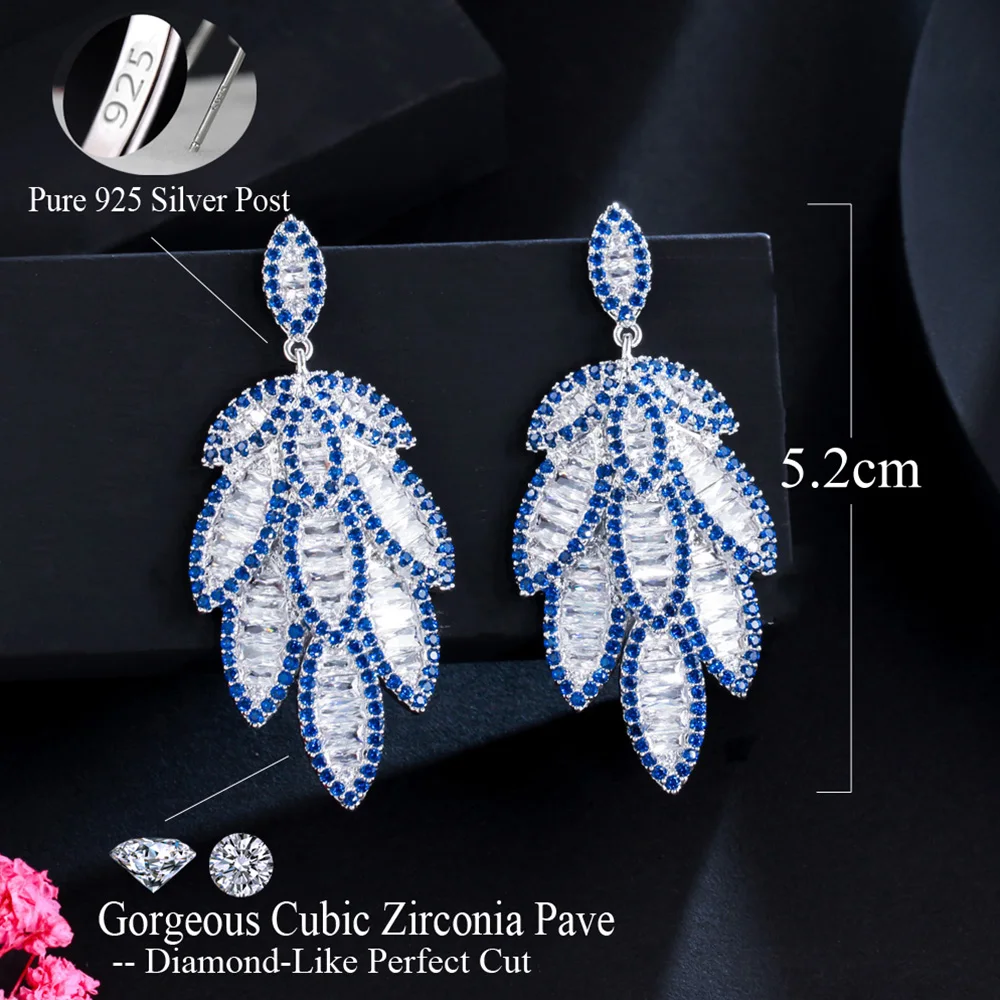 Pera Elegant Blue White CZ Crystal Long  Dangle Leaf Drop Earrings for Women Halloween Party Jewelry Gift Pendientes Mujer E825