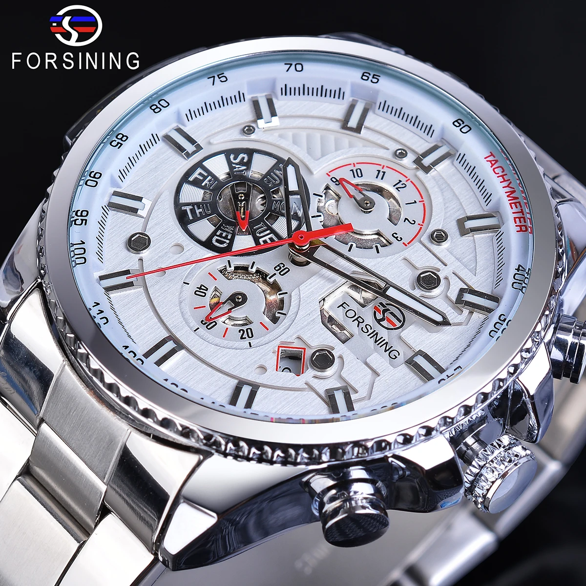 

Forsining Brand New White Men Mechanical Sport Watch Automatic 3 Sub Dial Calendar Full Stainless Steel Strap Clock Reloj Hombre