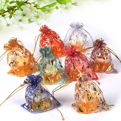 100pcs/lot 7x9cm 9x12cm Mixed Gold Color Heart Star Adjustable Drawstring Pouch Bags for Wedding Gifts Organza Jewelry Pouch