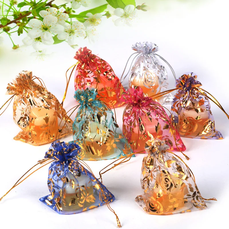 100pcs/lot 7x9cm 9x12cm Mixed Gold Color Heart Star Adjustable Drawstring Pouch Bags for Wedding Gifts Organza Jewelry Pouch