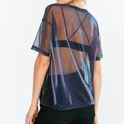 Women's Sexy Mesh Tee, See-Through, Short Sleeve, Perspective, Shine, Casual, Tops, Lady, Vintage, Bar, Summer, 2024