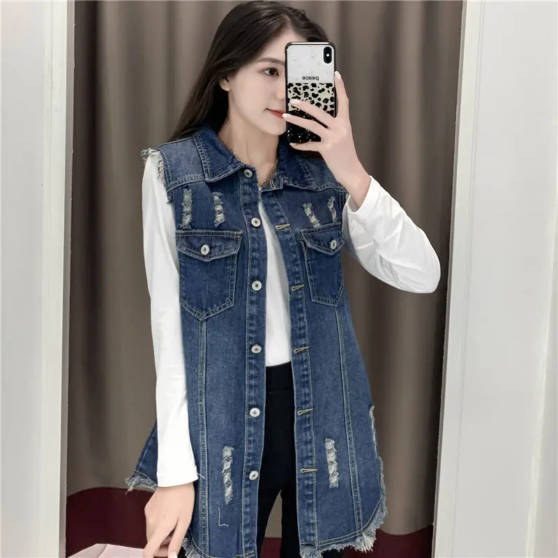 S-6XL Women Denim Vest Sleeveless Ripped Single-Breasted Waistcoat Spring Autumn Casual Midi-Length Jean Vest Coat