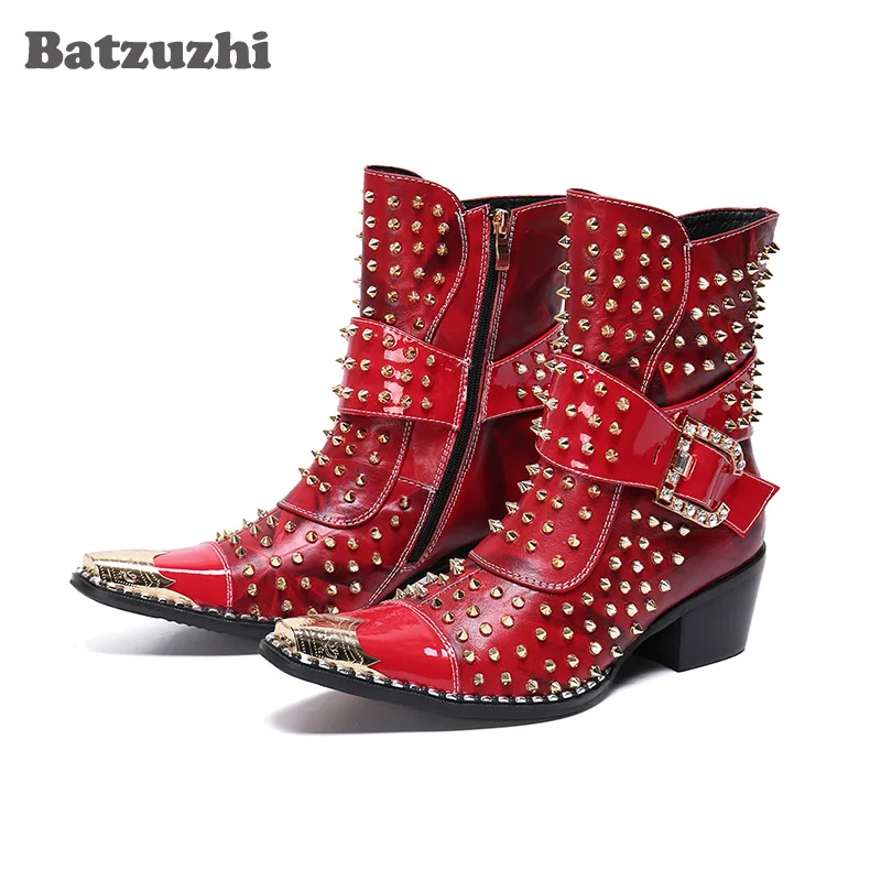 Batzuzhi Boots Men 6.5cm High Heels Rock Rivets Short Men's Boots Pointed Metal Tip Buckles Motorcycle Botas Hombre, Size 38-46