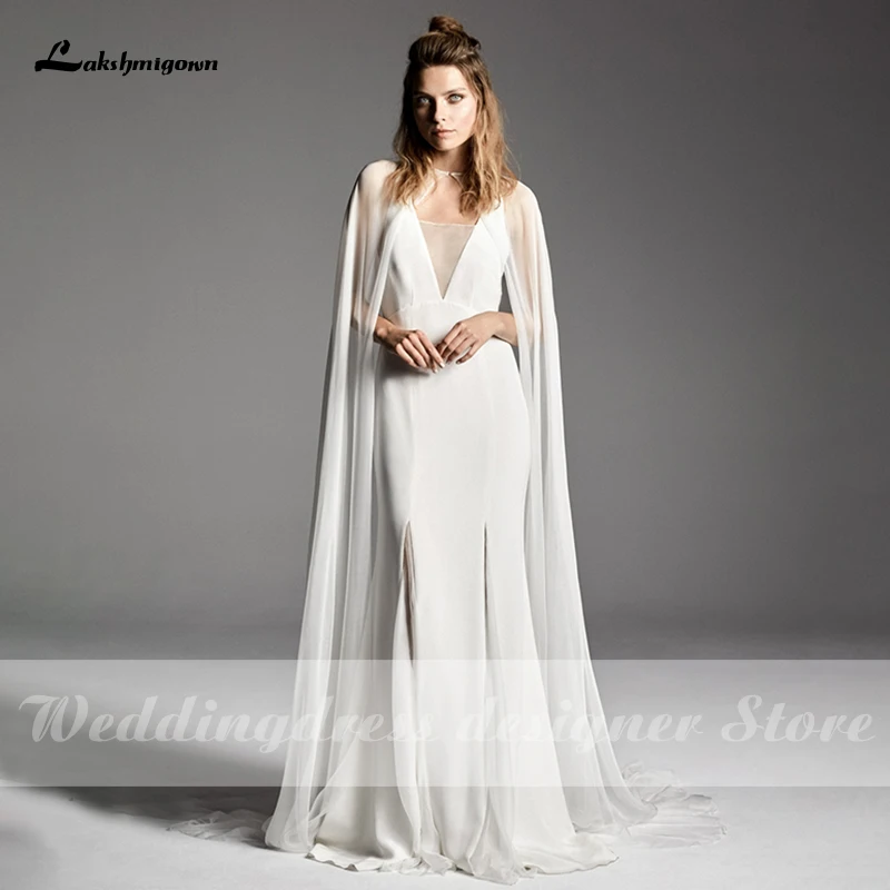 Lakshmigown – Robe De mariée en mousseline De soie, Simple, bretelles Spaghetti, avec Cape, blanche, pour la plage, col en V, 2021