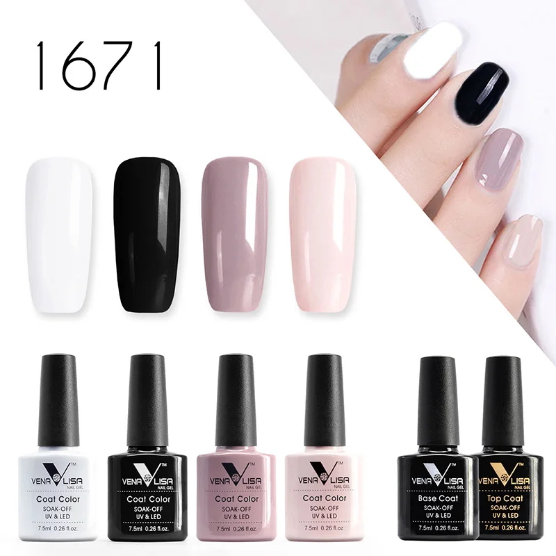 7.5ml* 6pcs Venalisa Professional Nail Art Set VIP Kit Base Coat Long Wear NoWipe Top Coat Full Coverage Color Nail Gel Polish