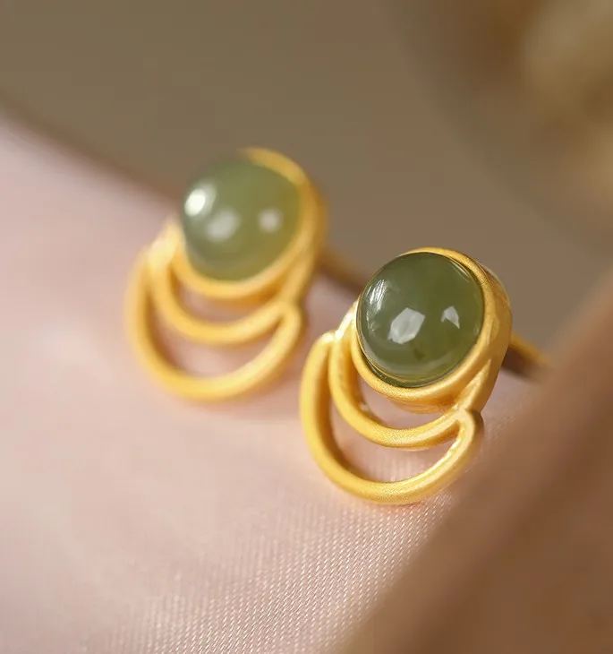 S925 sterling silver inlaid Hetian jade sapphire simple temperament all-match female earrings