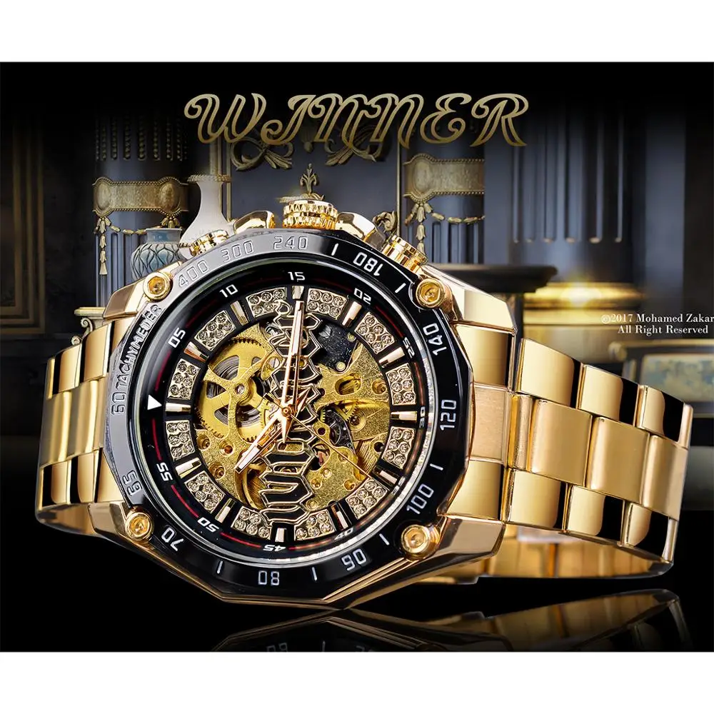 Winner Men Steampunk Fashion Golden Open Work Transparent Men Automatic Skeleton Wristwatch Mechanical Top Brand Luxury Luminous