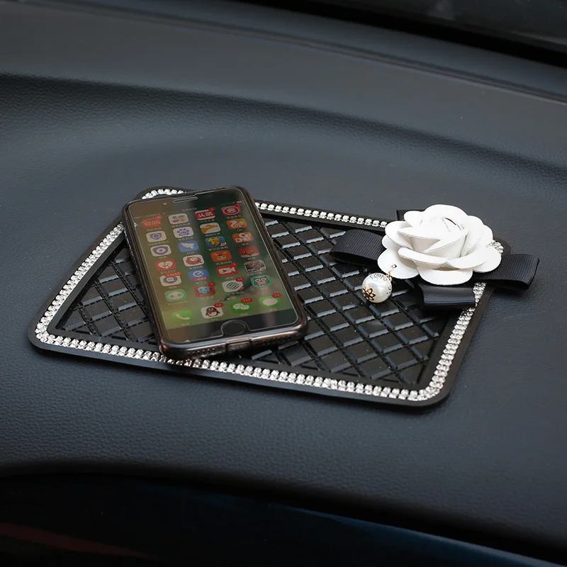 Camellia flower Anti Slip Mat Crystal Rhinestone Automobile Silicone Non-Slip Mat Pad Car Sticky for GPS Phone Car Accessories