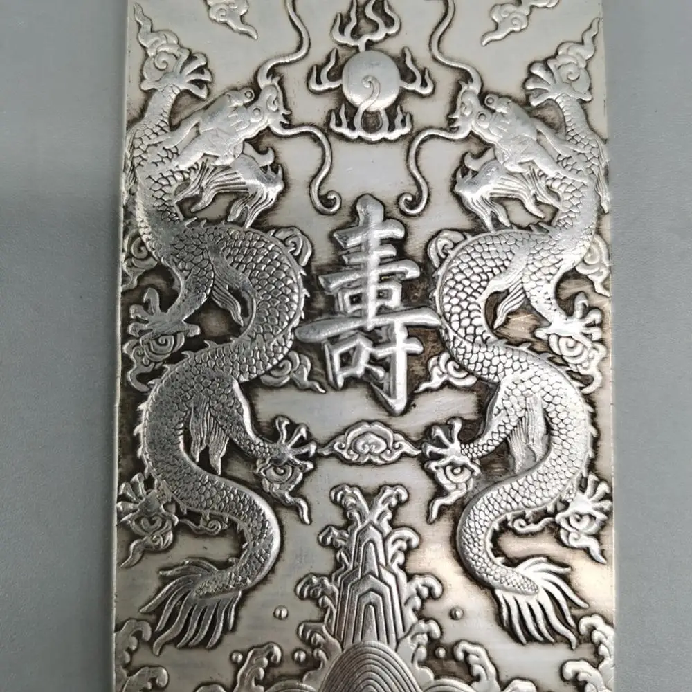 China Old Tibetan Silver Relief Shuanglong Shou Character Amulet Pendant Feng Shui Lucky Pendant