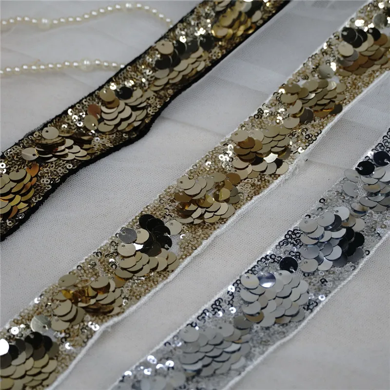 3 Yards Gold Silver Sequined Lace Trim Sparkle lace Chain Trim Tape Ribbon for Bridal gown, Collar, Sash Belt, Headbands