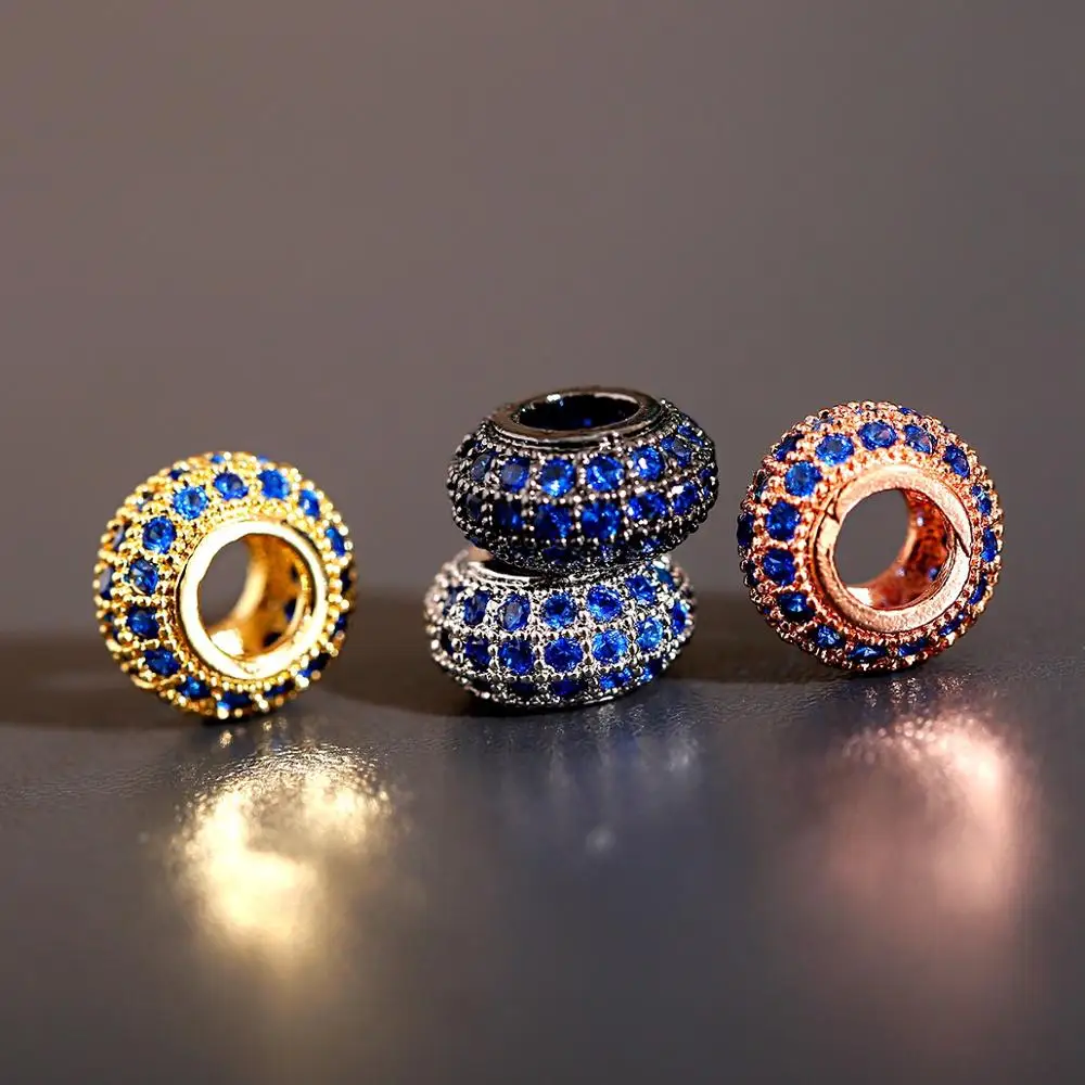 3PCS Luxury Micro Pave Blue Zircon Spacer Beads Oval Shape Charms Silver Color Copper Beads For Bracelet Making Jewelry