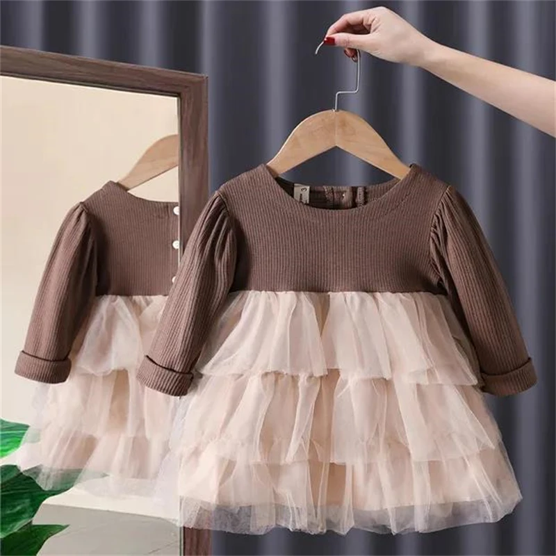 Baby Girl\'s Dress Spring Autumn Cute Lace Mesh Stitching Dress Birthday Party Clothes Toddler Kids Elegant Princess Dress