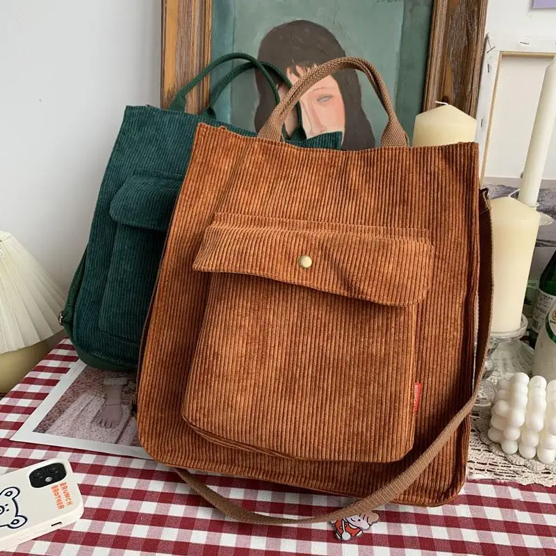 Corduroy Shoulder Bag Women Vintage Shopping Bags Zipper Girls Student Bookbag Handbags Casual Tote With Outside Pocket