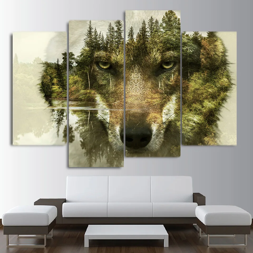 4Pcs Modular Abstract Animal Wolf Pictures Poster Wall Art Home Decor Canvas HD Printed Paintings Living Room House Decoration