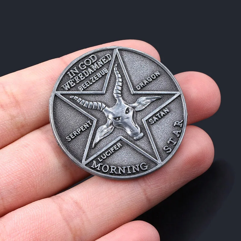 Lucifer Morning Star Satanic Coin Five-Pointed Star Sheep Brass Old Silver Medal Collection Craft Coin with Box