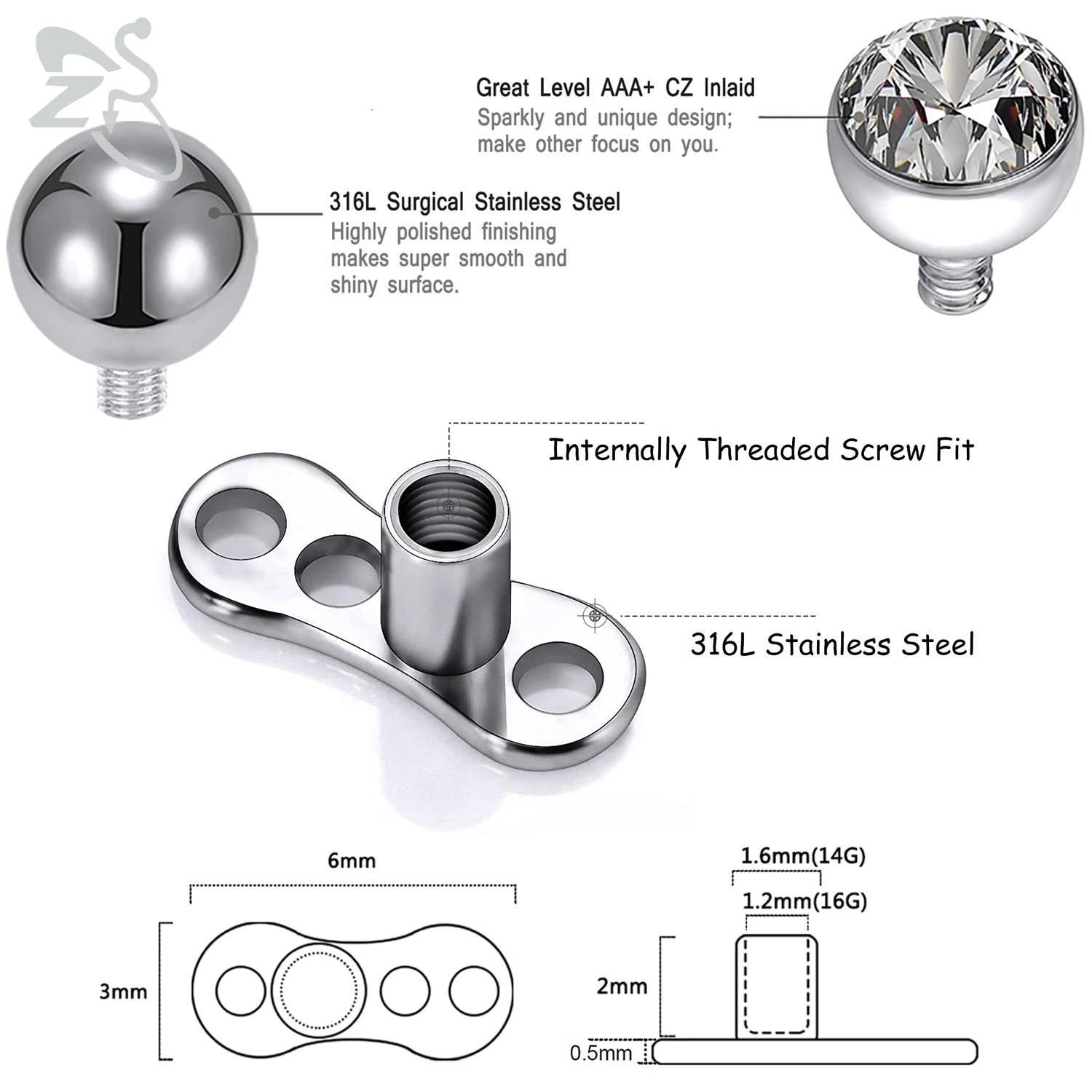 ZS-Juego de Piercing Micro dérmico de acero inoxidable 316L, Piercings de superficie de ancla dérmica de cristal CZ, anillos dérmicos de Luna y