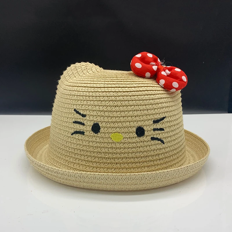 子供と女の子のための夏の麦わら帽子,漫画の猫の刺繍が施されたビーチ帽子,子供のためのかわいいバイザーキャップ