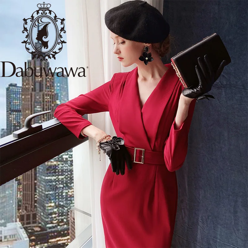 Dabuwawa Elegant Burgundy Sashes Sheath Dress Office Lady Long Sleeve V-Neck Slim Fit Party Workwear Dress Female DT1CDR013