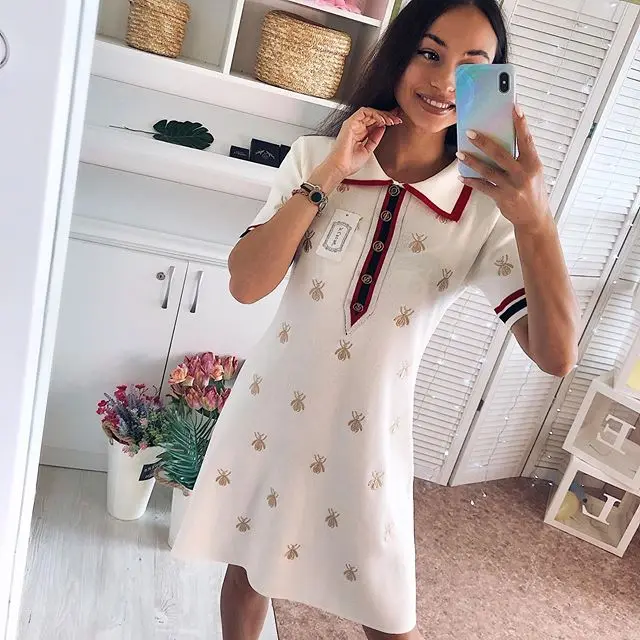 2024 Spring Summer Knit Cartoon Embroidered Polo Dress Woman Plus Size Black Casual Knee-length Straight Dresses Female