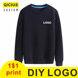 Suéter masculino de manga comprida, gola redonda, 100% algodão, mais veludo, logotipo bordado impresso personalizado, suéter quente monocromático casual, 3XL