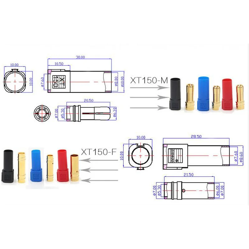 Amass XT150 Connector Plug Male Female 120A Large Current with 6mm Gold plated Banana Plug for RC LiPo Battery Aircraft Drones