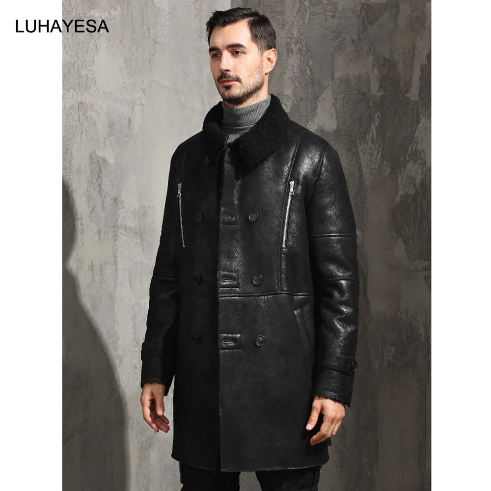 

2021 New Long Slim Fashion Real Fur Coat Men Winter Thicken LUHAYESA 100% Guaranteed Natural Sheepskin Fur Shearling Overcoats