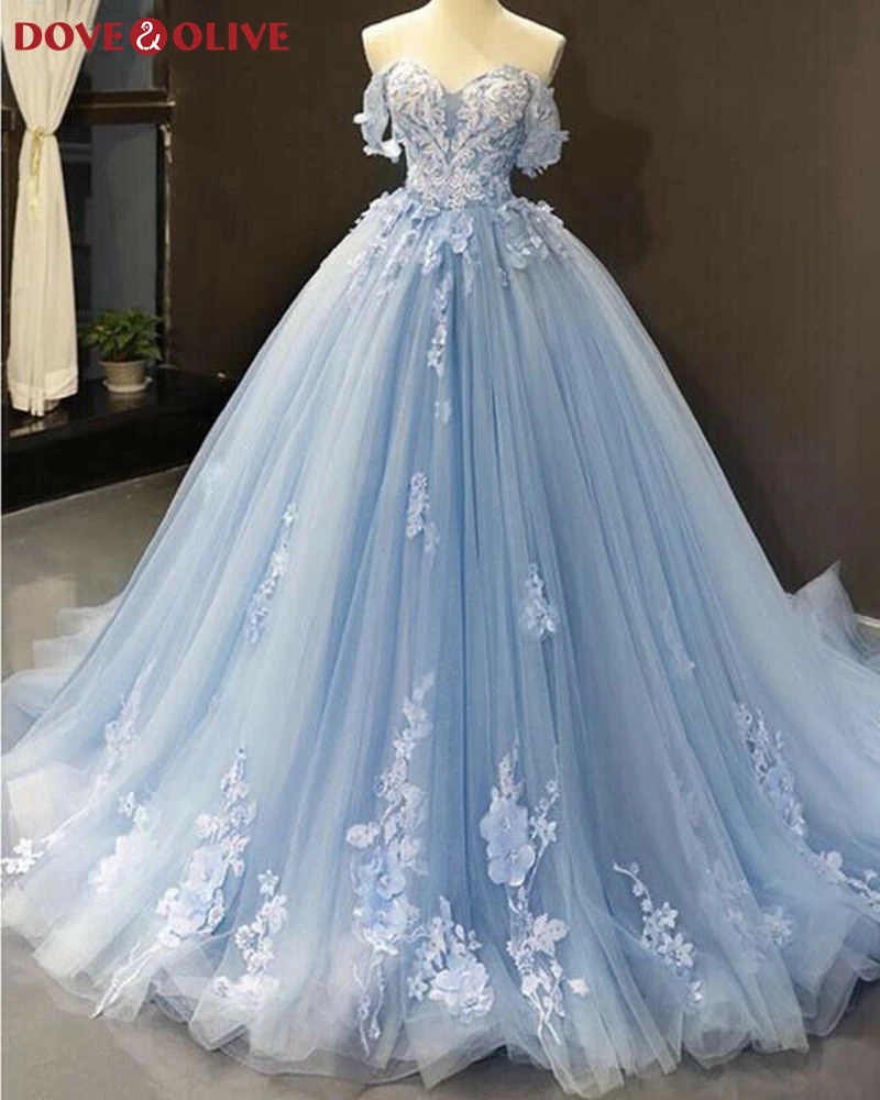 Eleganti abiti da sera con scollo a cuore 2024 New Elegant azzurro con spalle scoperte Appliques abito da ballo lungo formale de soiree