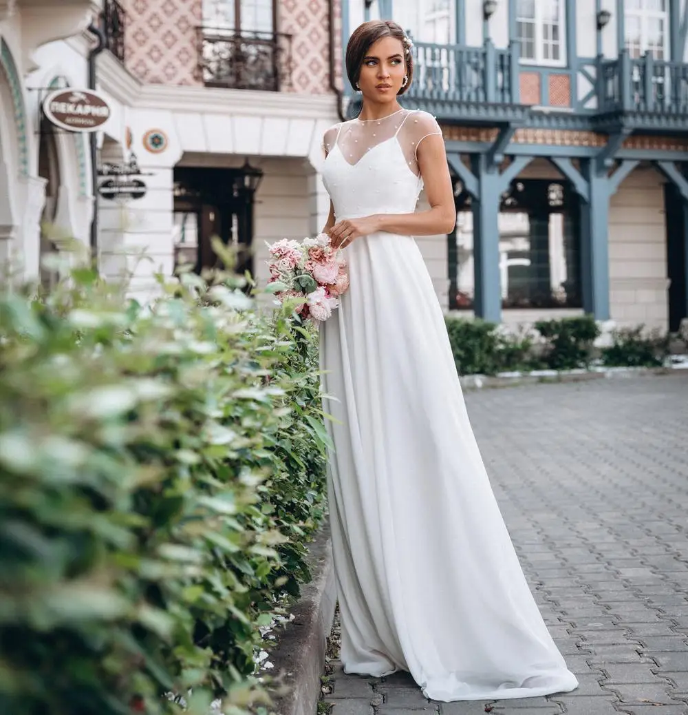 Mode Perlen Boho Einfache Hochzeit Kleider 2021 Neueste Kurzen Ärmeln EINE Linie Strand Garten roben de mariée Sheer Top Sweep zug