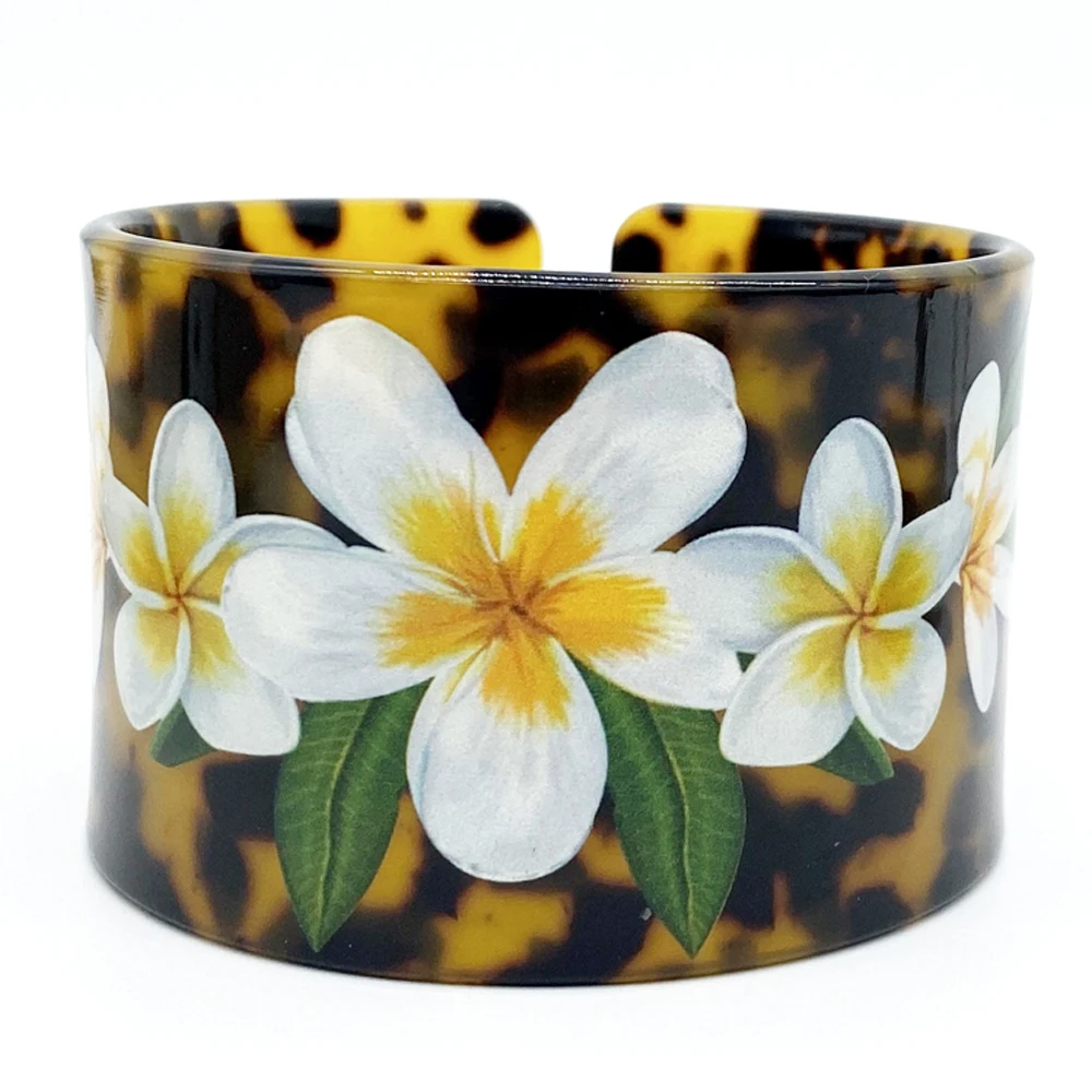 Flower Women Girl's Cuff Bracelet Bangle With White Plumeria Flowers For Polynesia Pacific Tropical Islands Bohemian Jewelry