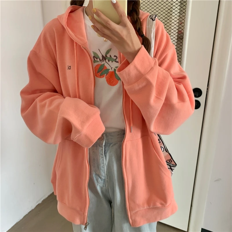 Oversize Orange Pink Sweatshirt Women Hooded Spring Autumn New Korean Loose High Quality Cotton Zipper Jacket Letter Street Wear