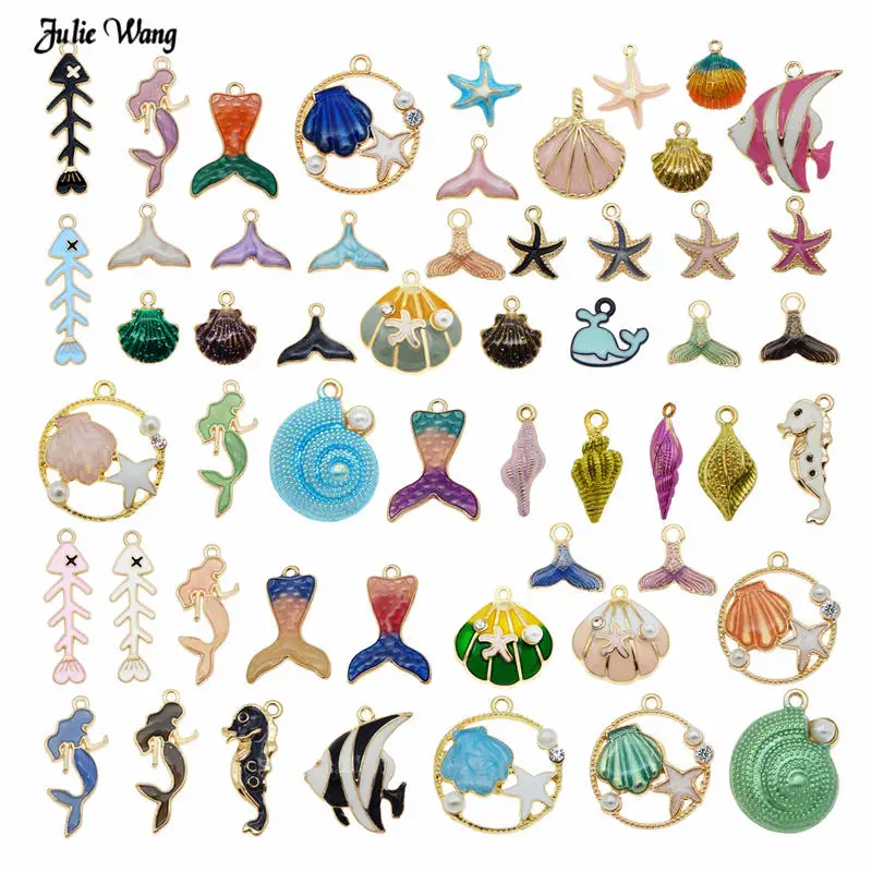 Julie Wang 20pcs Cute Alloy Enamel Animal Mermaid Charms Mixed Fish Conch Seashell Pendant Necklace Bracelet DIY Accessory