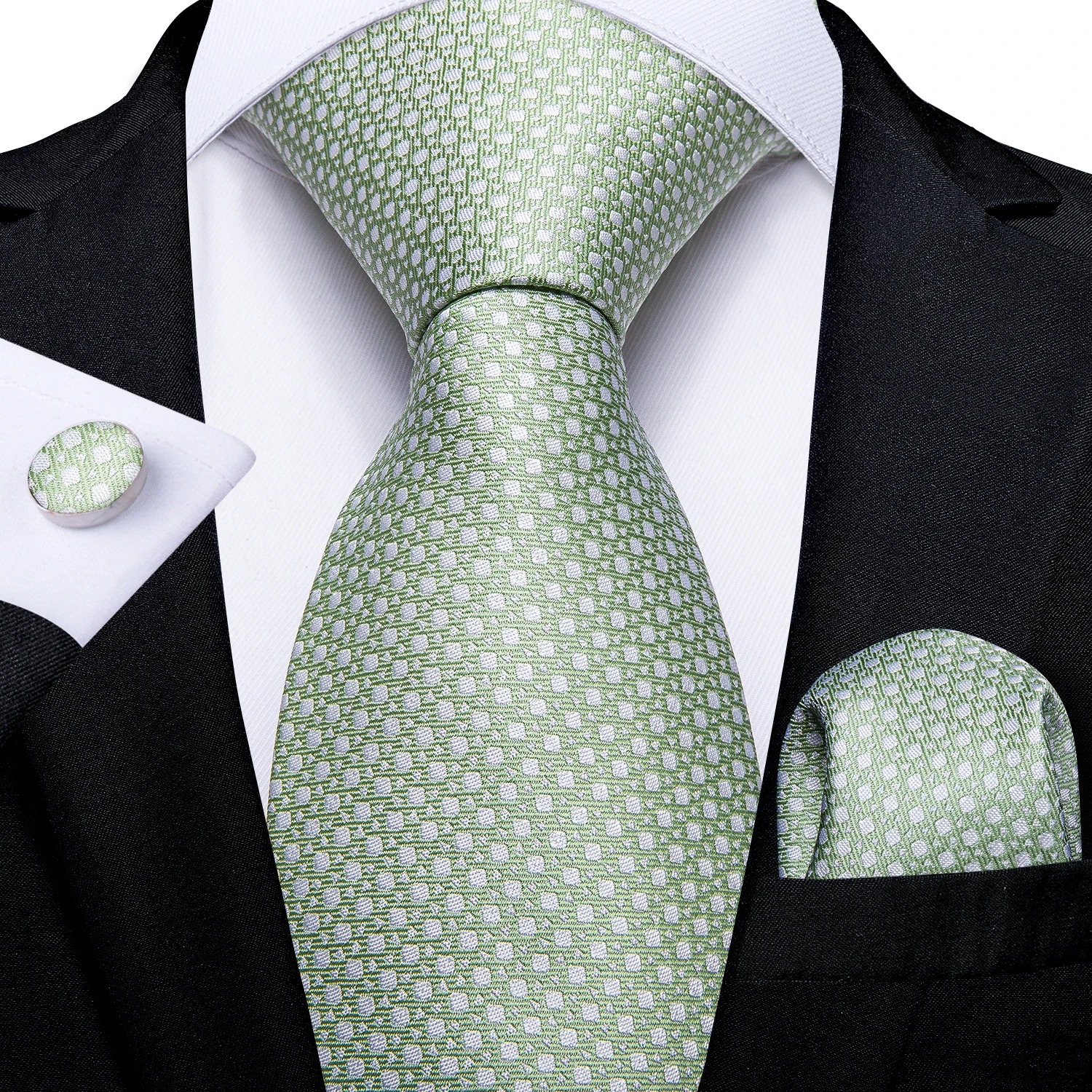 Modische 8cm Krawatte Hellgrün Herren Business Hochzeit Party Formelle Krawatte Accessoires Taschentuch Manschettenknöpfe DiBanGu – Detail 7
