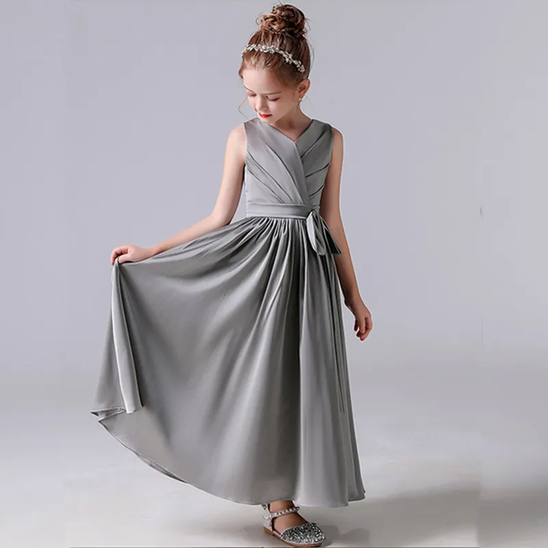 Dideyttawl Pleated Girl Dress For Party Wedding 2023 Gray V-Neck Ankle-Length Sleeveless Elegant A-Line Junior Concert Gown keith jarrett budapest concert 2 cd