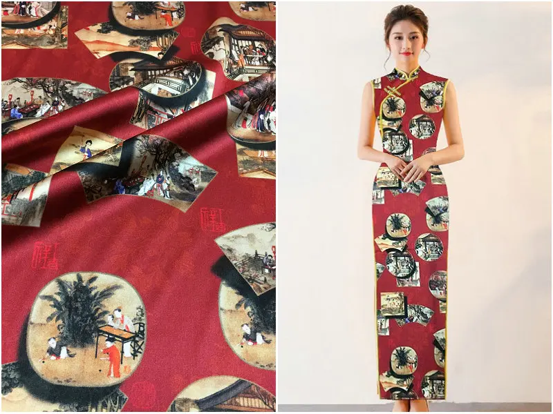 

Classical character fan printing Chinese style digital printing fabric natural mulberry silk haute couture dress shirt sewing