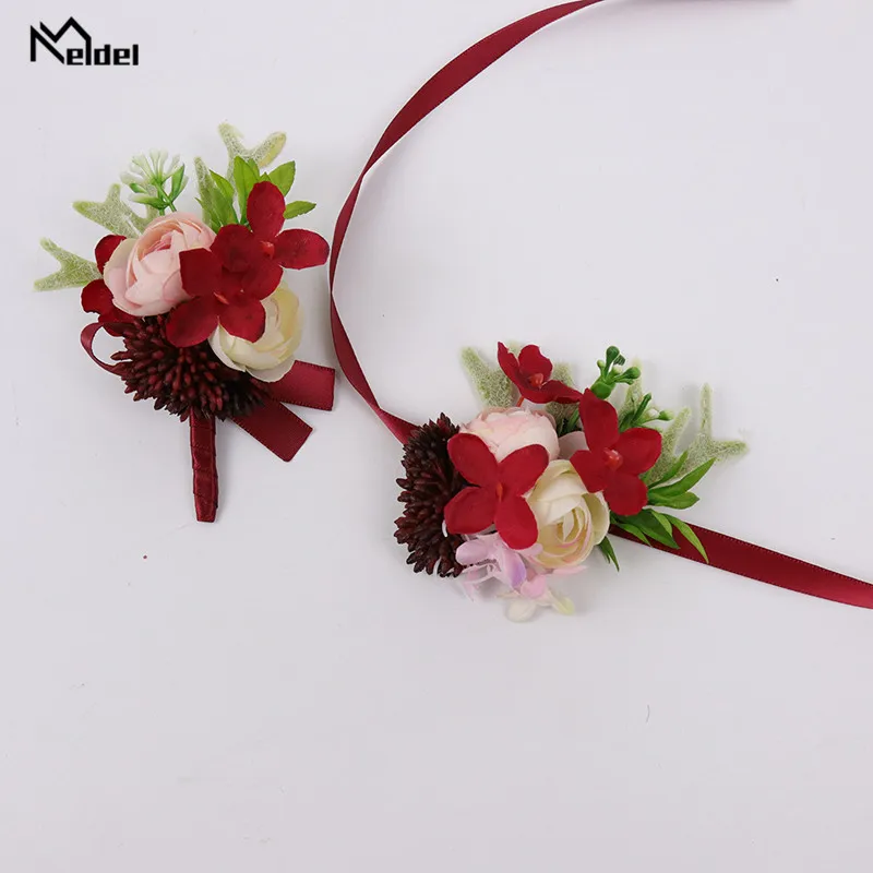 Corsages y Boutonniere de boda de seda roja para mujer, broche, ramillete, pulsera, flor, novio, ojal, boda, hombre