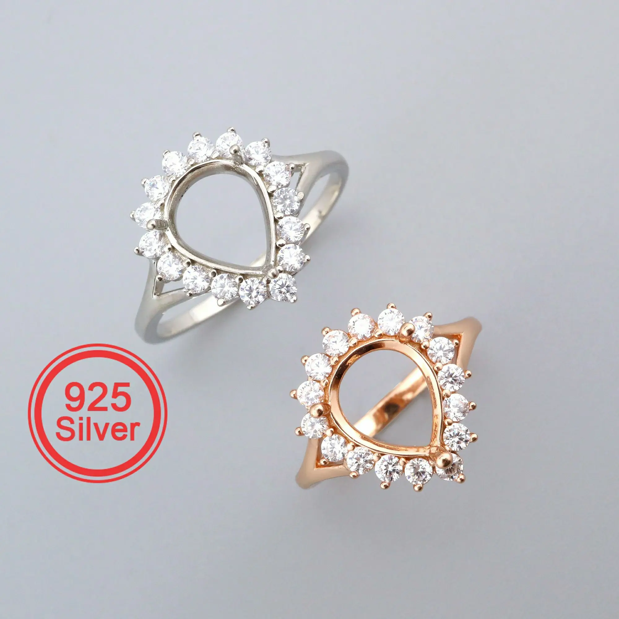 

8x10MM Pear Halo Prong Ring Settings Solid 925 Sterling Silver Rose Gold Plated Set Size DIY Ring Bezel for Gemstone 1294233