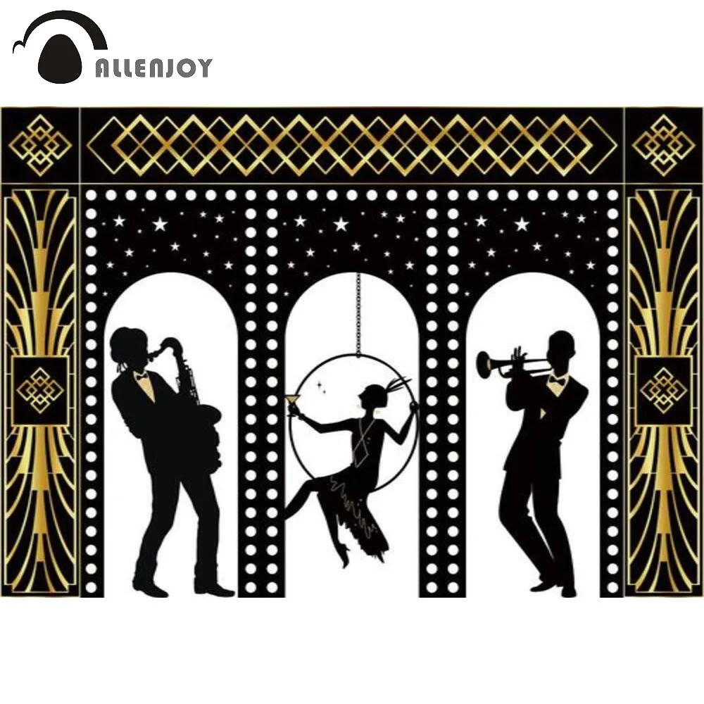 Allenjoy Great Gatsby Photography Backdrop Black Golden Line Art Performance Birthday Party Wedding Photo Studio Decor Banner