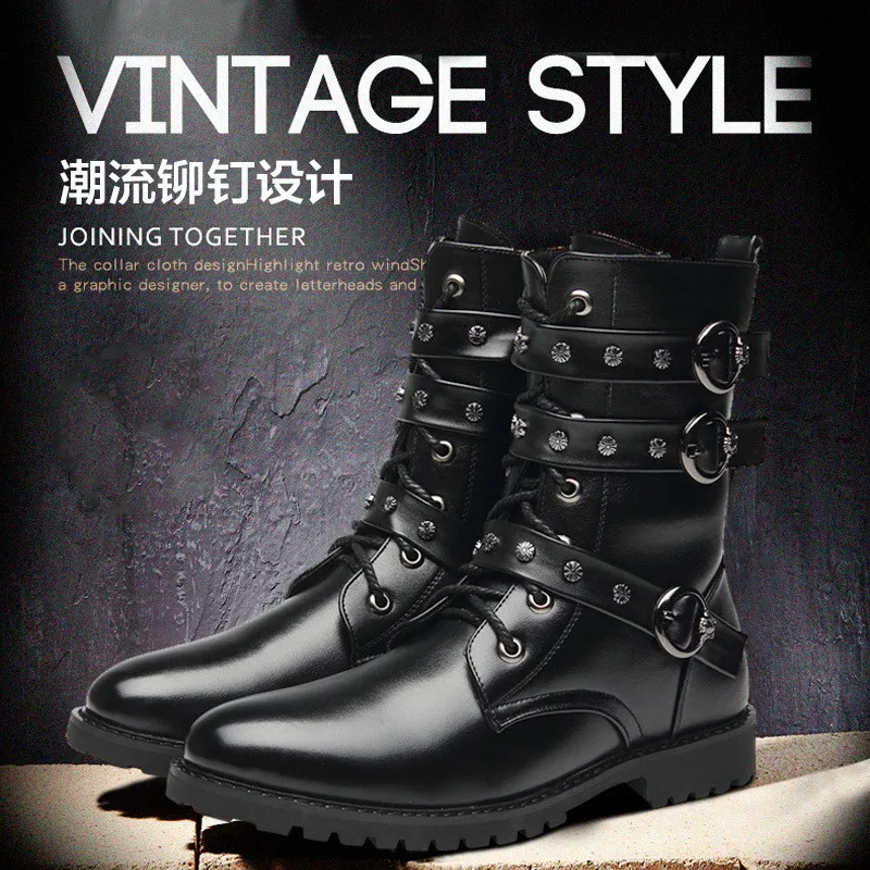 

British style men fashion stage nightclub wear motorcycle boots soft leather rivets shoes high top cowboy boot long botas hombre