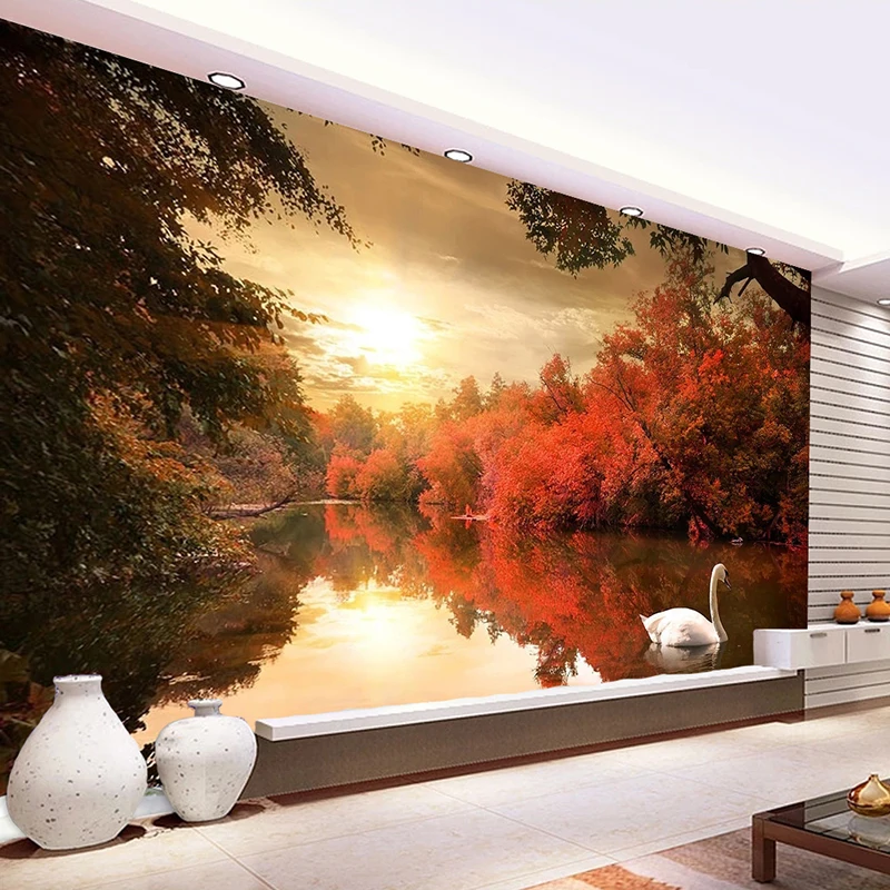 

Custom Mural Wallpaper Modern Autumn Dusk Swan Lake 3D Nature Scenery Background Wall Painting Living Room Bedroom Photo Murals