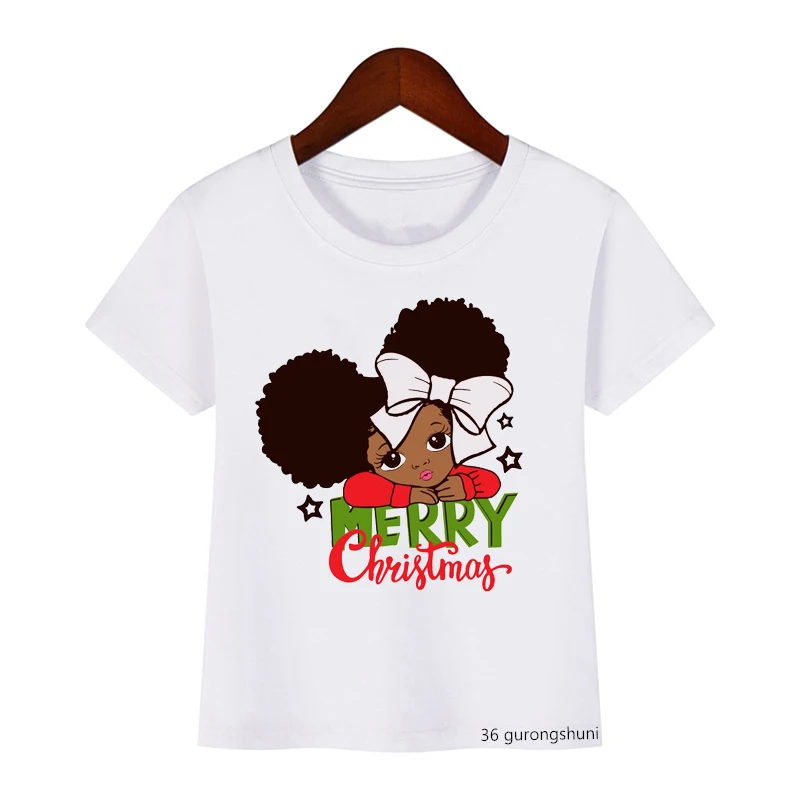 T-shirt per ragazze carina melanin bambina, babbo natale cartoon t-shirt per ragazze nere africane T-shirt in costume di natale nero top