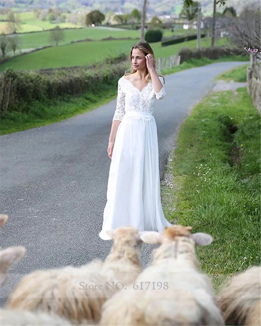 Robe de mariée trapèze élégante en mousseline de soie, avec appliques en dentelle, manches en dentelle, col en v, 3/4