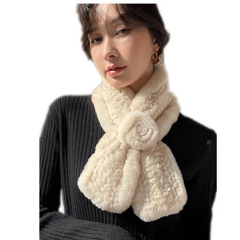 

Winter Real Rex Rabbit Fur Scarf Women Neck Wraps Fall Warm Collar with Flower Handmade Knitted Muffler