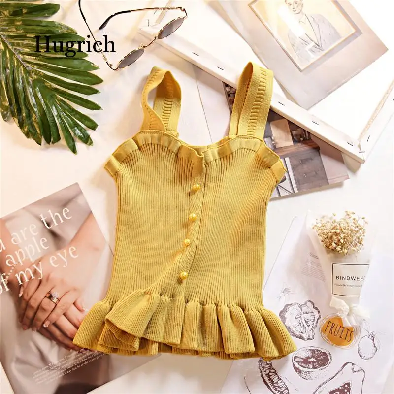 2020 Summer Flounce Hem Tops Female Buttons Sexy Skinny Crop Tops Women Spaghetti Cute Camis for Women