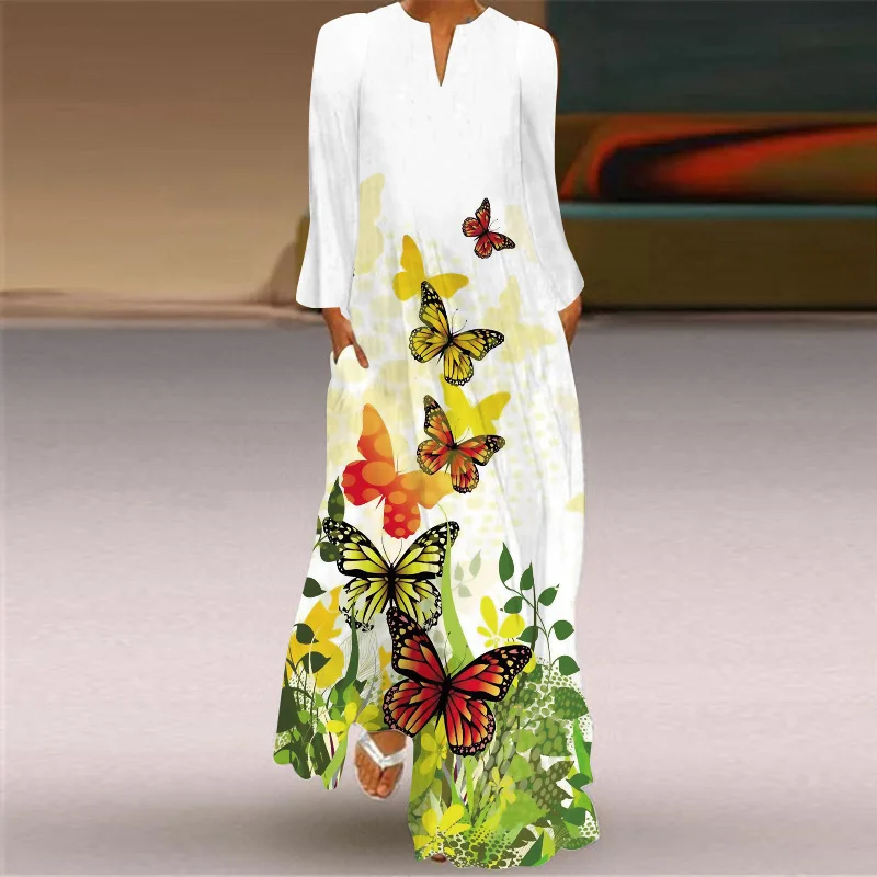 Butterfly Printing Women Sundress 2023 Spring Vintage  Long Sleeve V-neck Maxi Dress Elegant Ladies Long Dresses Female Vestidos