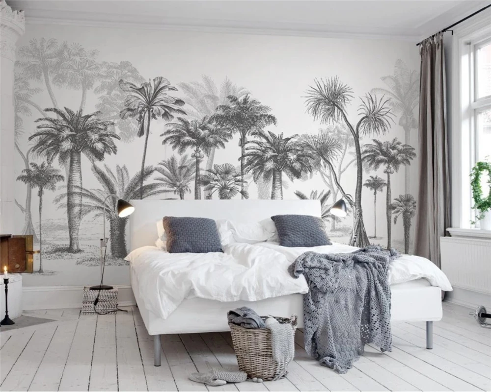 beibehang Custom wallpaper mural black and white sketch tropical forest nordic coconut palm tv sofa background 3D wallpaper