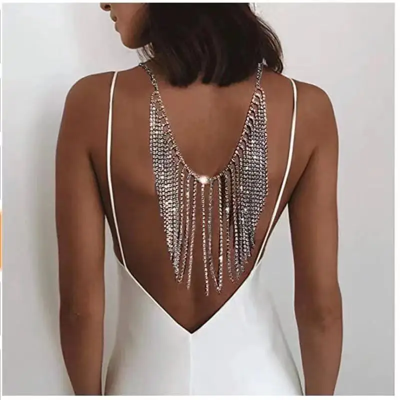 

Fashion women's sexy long tassel rhinestone necklace back chain jewelry crystal wedding party backless dress accessories jewelry