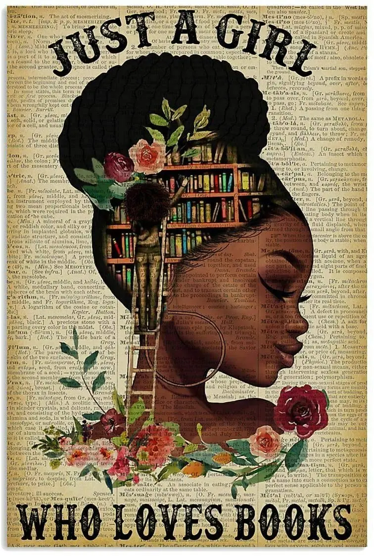 Black Girl Just A Girl Who Loves Books Reading Vintage Poster Metal Tin Signs Plaque Wall Decor Bar Cat Paper Retro Parlor