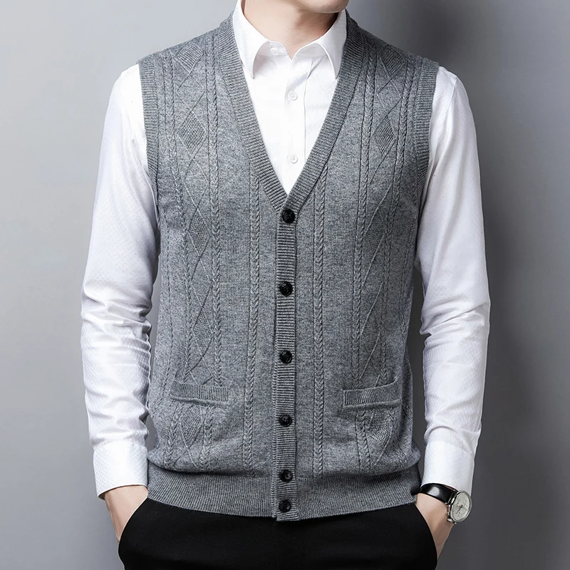 

Autumn Mens Fashion Argyle Patterns Cardigan Sweater Sleeveless Wool Knit Cardigan Buttons Up Sweater Coat