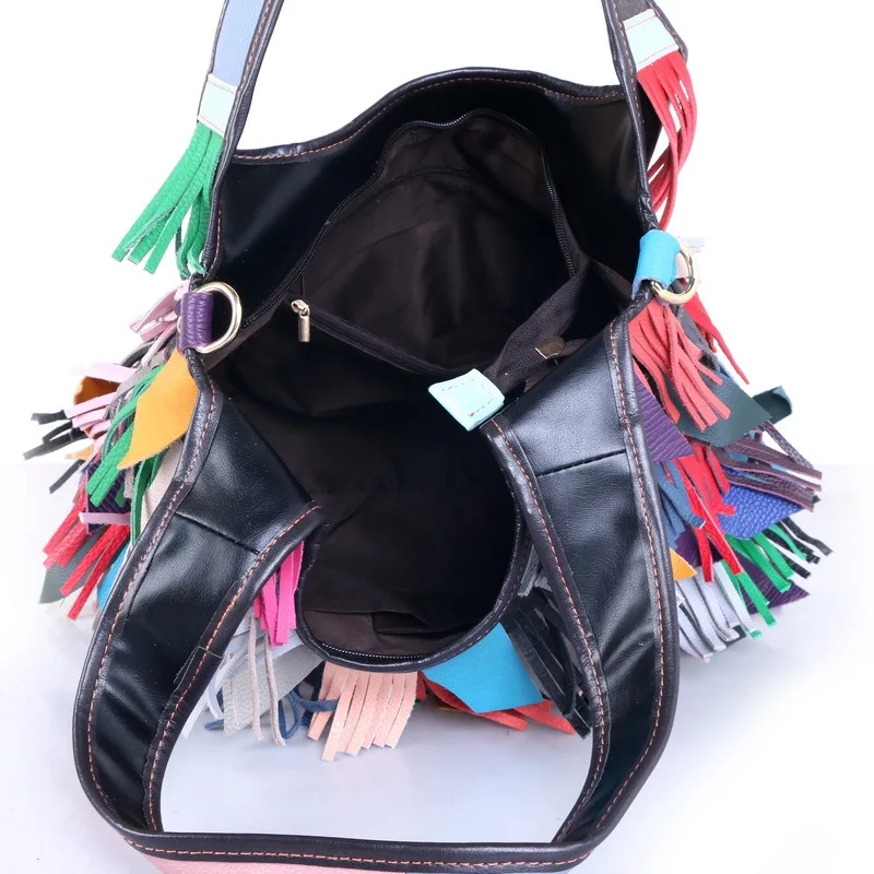 New handbag 2025 ladies bag European and American color first layer cowhide tassel bag shoulder messenger bag stitching bag