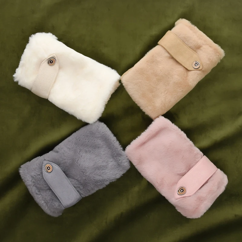 

New Solid Fingerless Gloves Winter Warm Gloves Women Suede Rabbit Velvet Inside Microfiber Pile Dual-layer Thickened